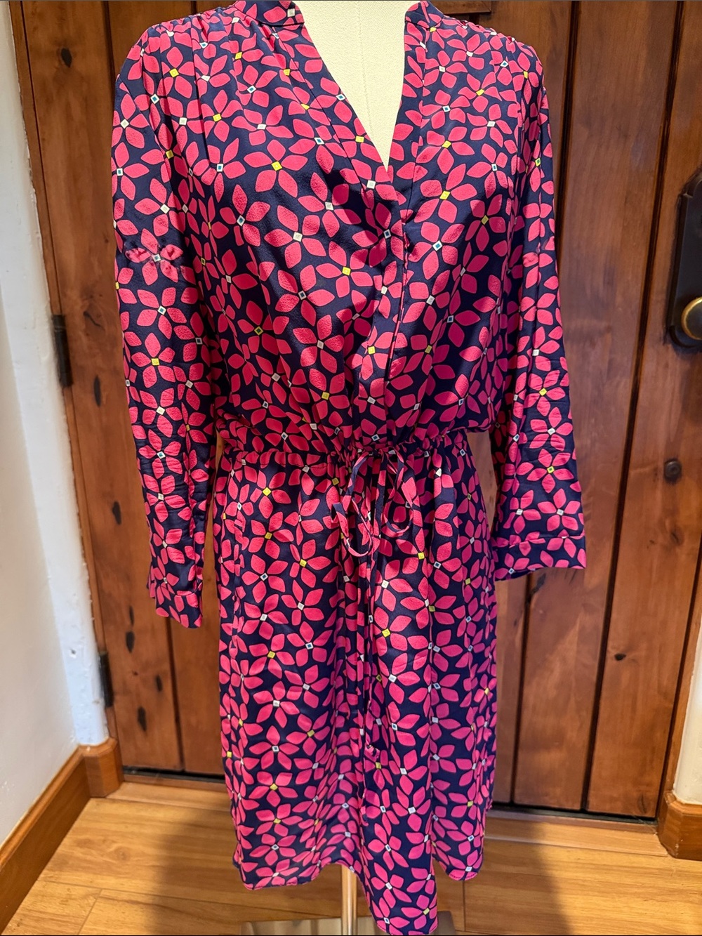 DVF Diane von Furstenberg Freya Silk Dress Pink Navy Floral Drawstring - Picture 9 of 12